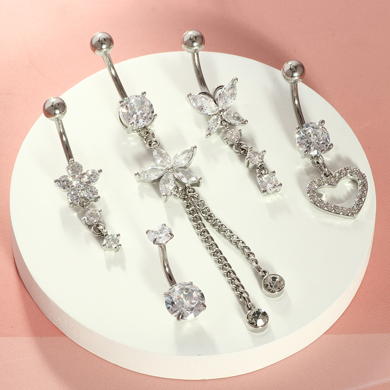 Love Zircon Heart Belly Button Ring Set – 5-Piece Navel Piercing Jewelry for Women - Image 3