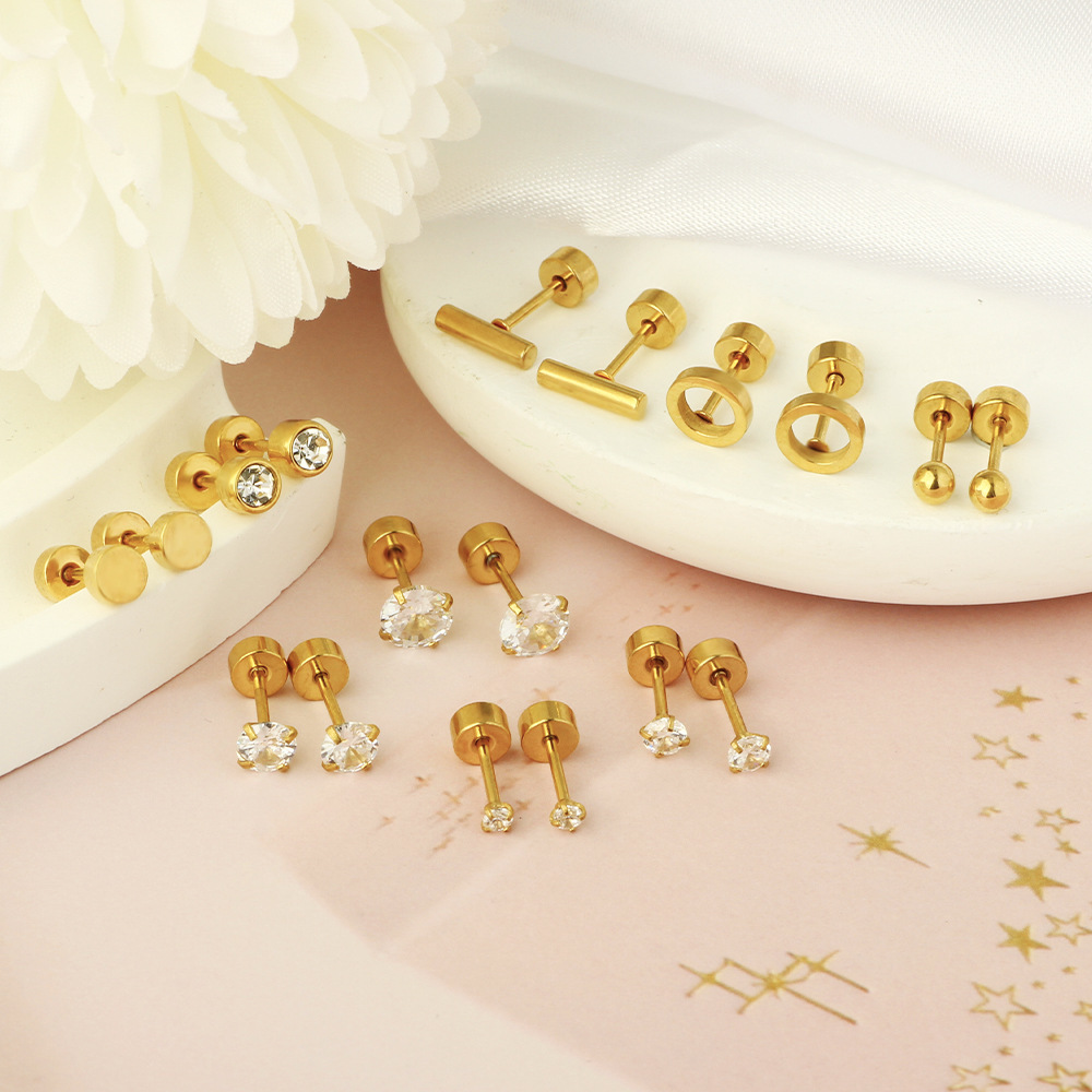 Simple Geometric Stainless Steel Earrings Gold Ear Bone Nails Hoop Studs - Image 2