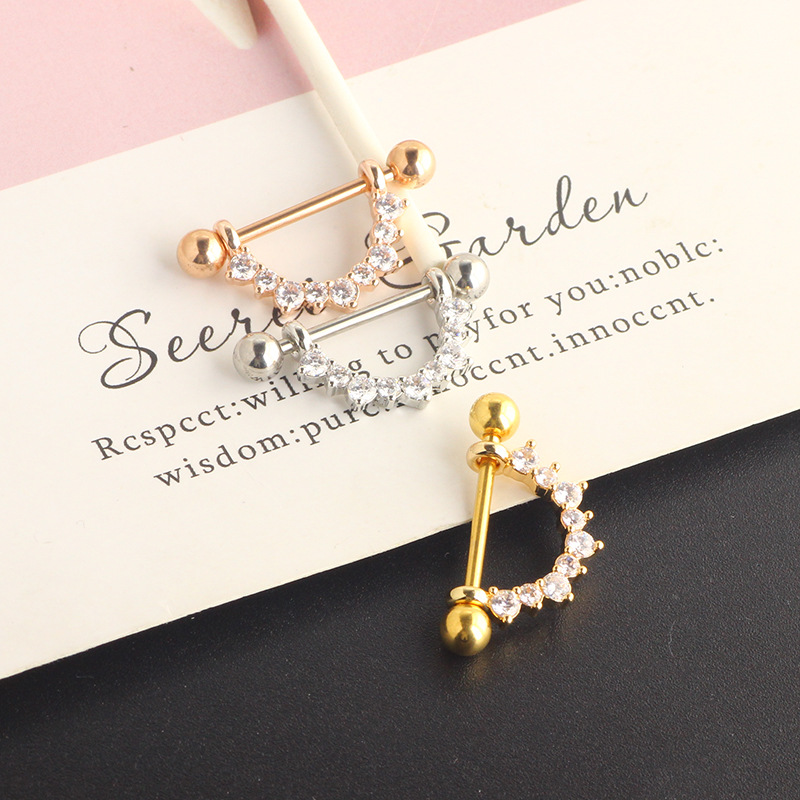 U-Shaped Nipple Ring with Crown Zircon - Rose Gold Stainless Steel Body Jewelry - Image 4