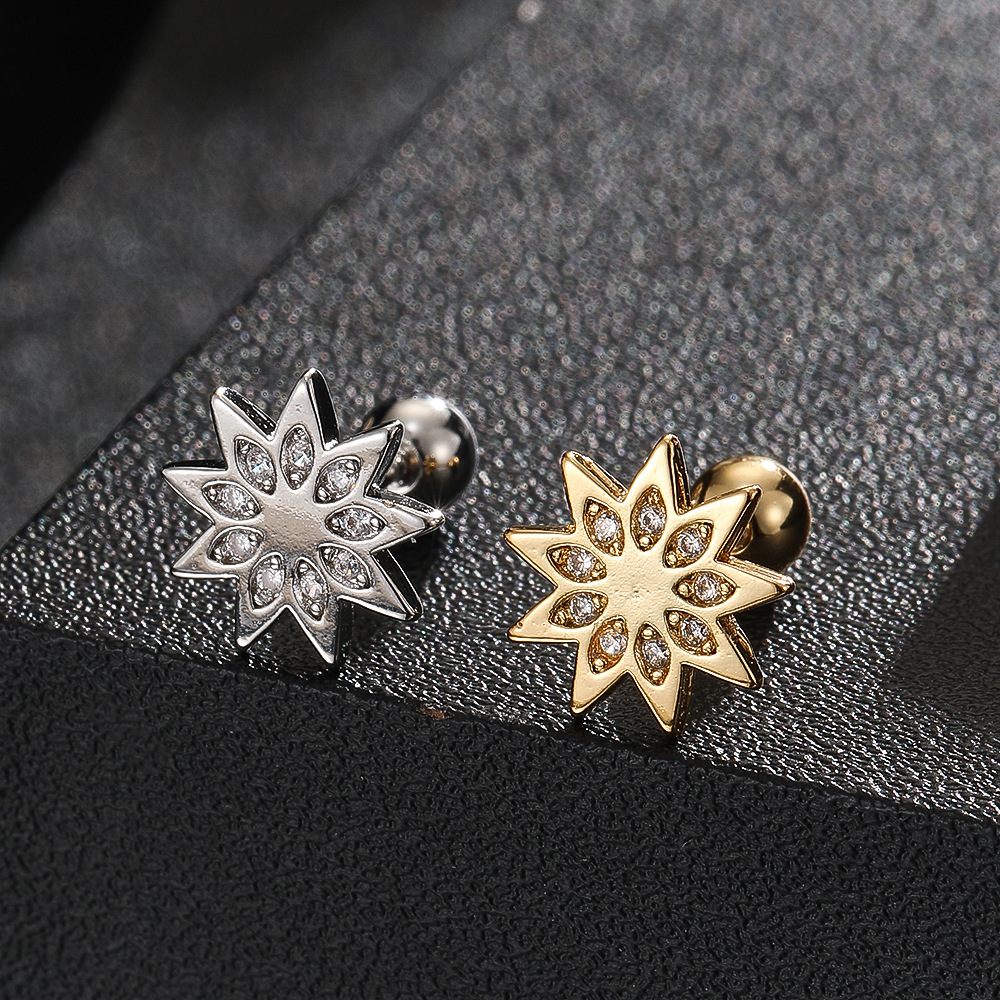 18K Gold Plated Antler Flower Cartilage Ear Stud Titanium Steel Screw Bone Earring Niche Jewelry - Image 5