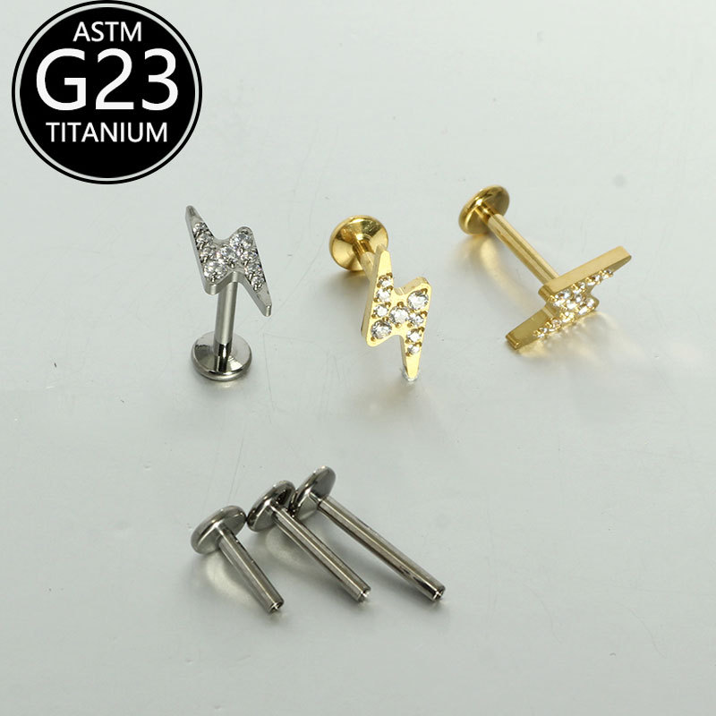 F136 Titanium Labret Stud with Lightning-Shaped CZ Inlay 6-10mm G23 Titanium Alloy Body Piercing Ear Cartilage Stud - Image 2