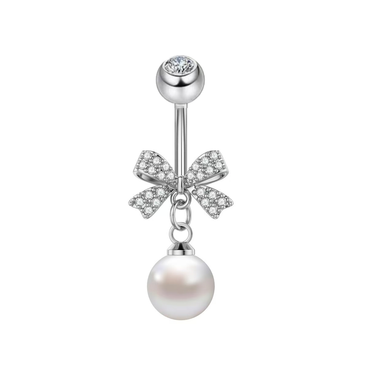 Simple Full Zircon Bow Pearl Belly Button Ring - Gold Ball, Copper Base, Summer 2025 - Image 5