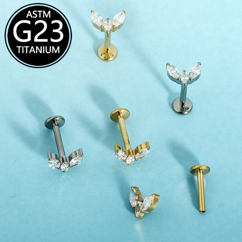 G23 Titanium Alloy Internal Thread Marquise Ear Bone Stud Lip Stud Body Piercing Jewelry - Image 3
