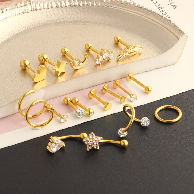 17pcs Stainless Steel 16G Ear Piercing Set: Love Earrings, Ear Clip, Ear Nail, Cartilage Studs - Image 2