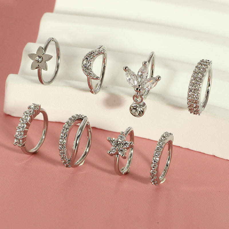 Stainless Steel Heart Nose Ring - CZ Geometric Open Nose Clip Piercing Jewelry Set of 8 - Image 3