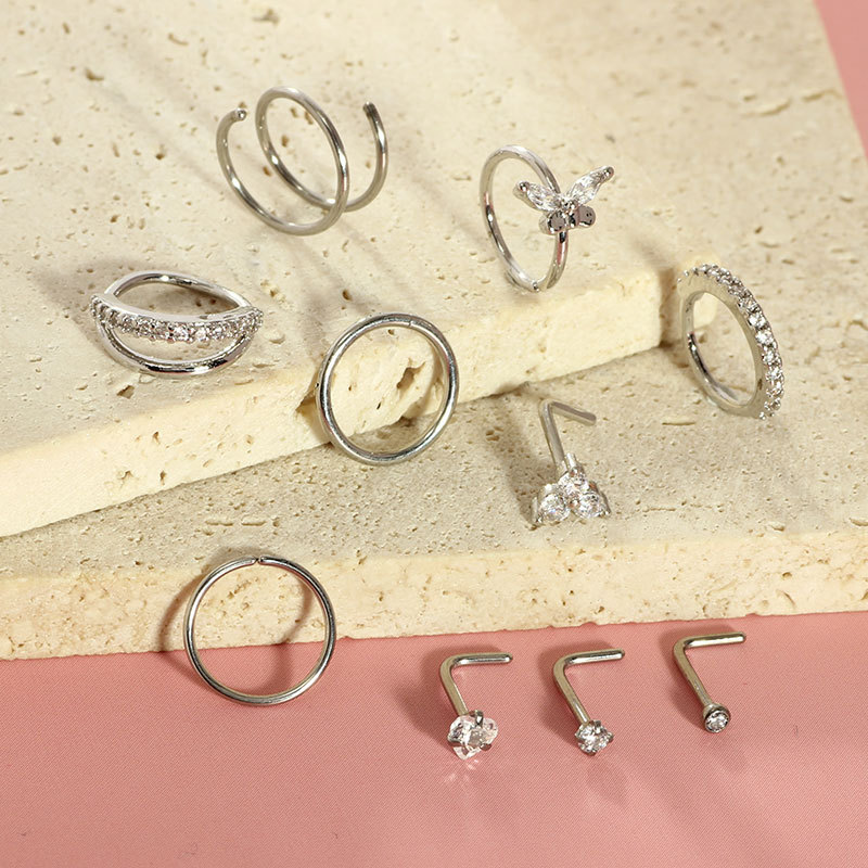 10-Piece Set Stainless Steel Nose Rings with CZ Gems Butterfly Nose Studs Nose Piercing Jewelry Gold Tone - Image 3