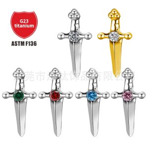 JT866 Sword Cross Zircon G23 Titanium Alloy Body Piercing Earrings Cartilage Stud