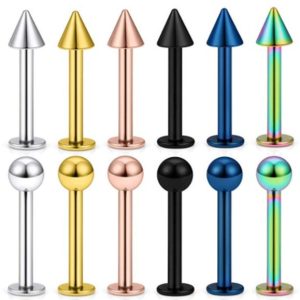 12 Pcs Set Stainless Steel Nine Treasure Gold Lip Nails Lip Ring Ear Flat Nail Body Piercing Jewelry
