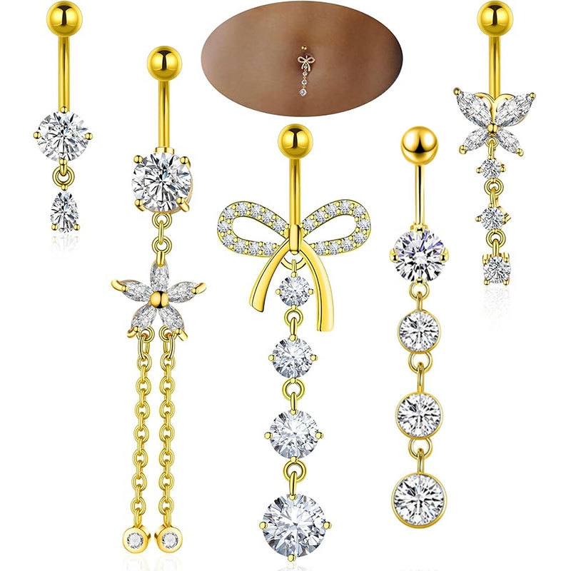 5-Piece Set Stainless Steel Belly Button Rings with Bowknot and Zircon Inlay Fashion Navel Jewelry - Image 5