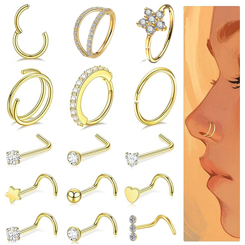 New 15-Piece Set of Stainless Steel Nose Rings with Copper Inlaid Zircon Geometric Open Nose Rings and Nose Studs Piercing Jewelry, Gold Set - Image 5