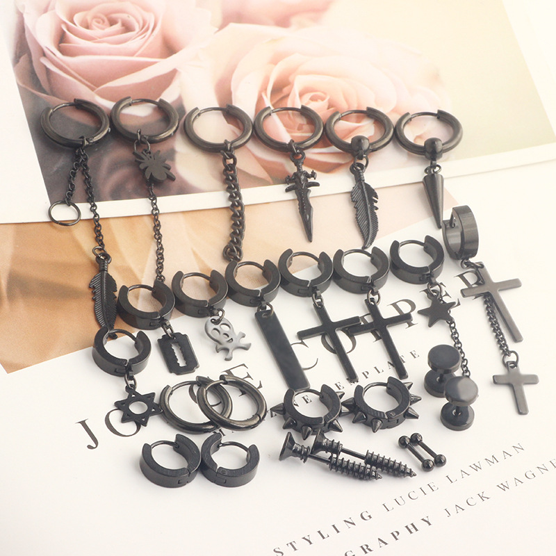 Stainless Steel Cross Hip Hop Earrings Set for Men - 26 Piece Fashion Earring Wholesale - Image 2