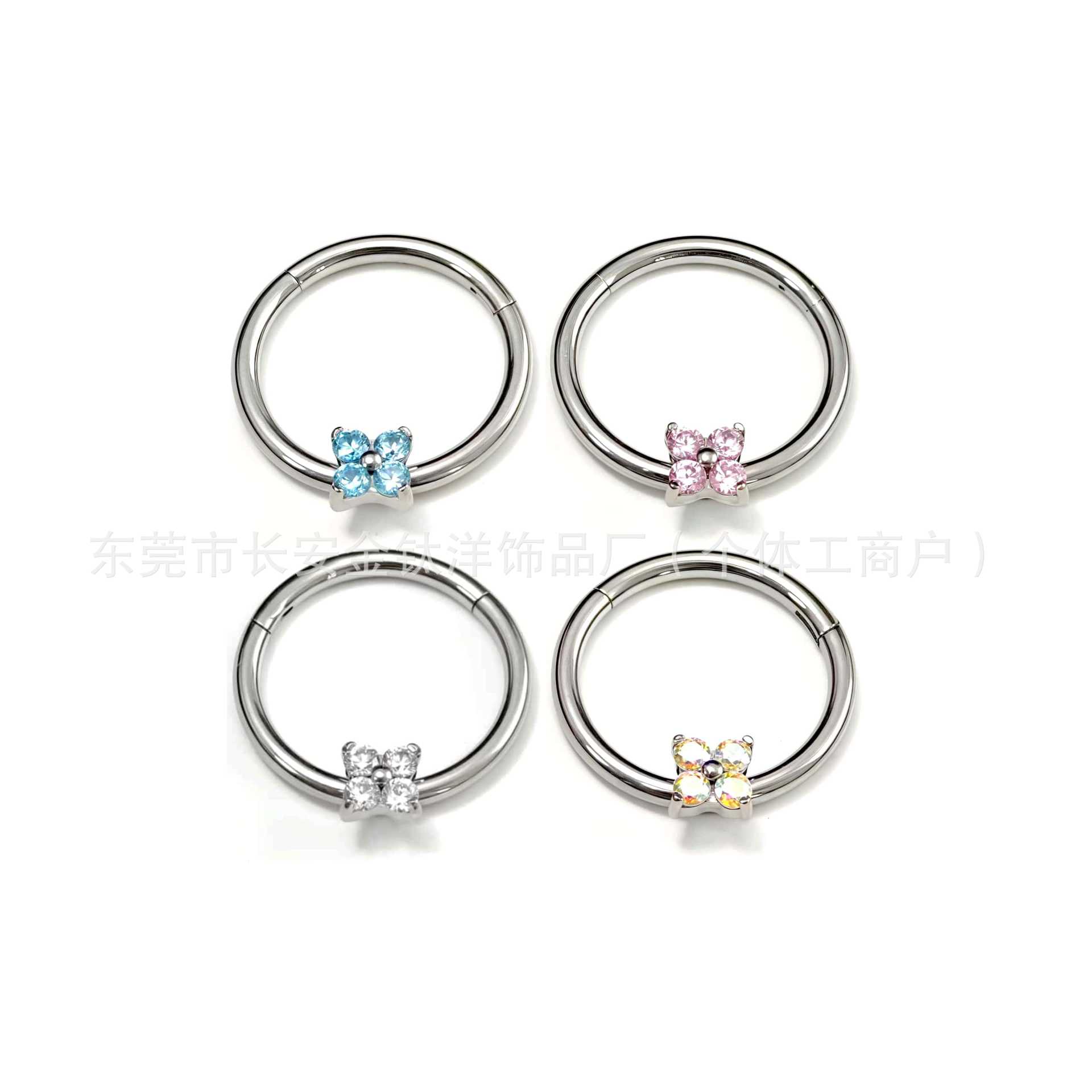 F136 Titanium Four-Leaf Clover Zircon Seamless Open Ring Nose Septum Earring - Blue Zircon - Image 4