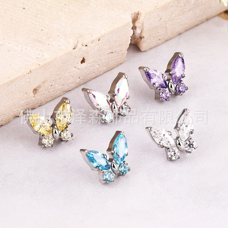 F136 Titanium Alloy Butterfly Lip Earrings with Zircon Internal Thread Body Piercing Ear Bone Studs - Image 3