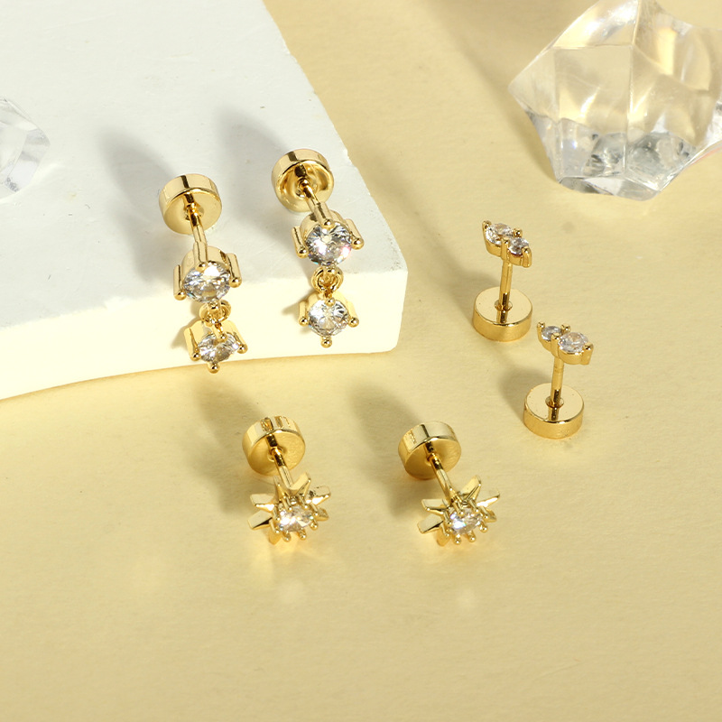 Gold Electroplated Stainless Steel Stud Earrings with Zirconia - Simple Geometric Cartilage Ear Bone Stud Jewelry - Image 2