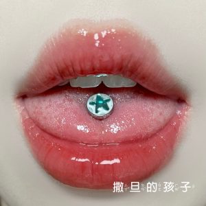 Satan's Children Mirror Star Tongue Nail Titanium Steel External Thread Tongue Barbell Piercing Jewelry Hot Girl Blue