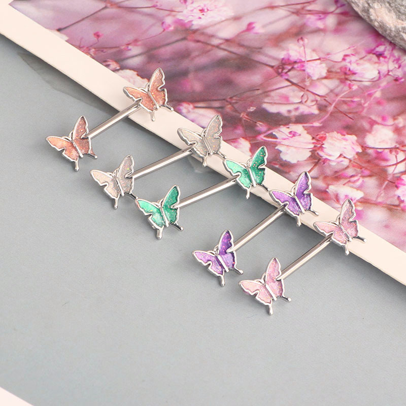 14G Champagne Butterfly Nipple Ring Set Oil Drip Design Stainless Steel Sexy Nipple Jewelry - Image 5