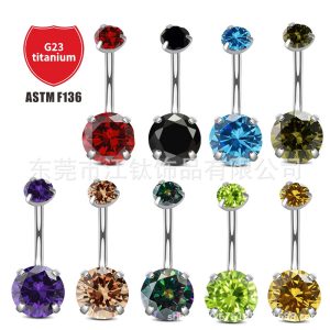 G23 Titanium Internally Threaded Paw Double-Headed Round Zircon Belly Ring Navel Ring Titanium Alloy Piercing Jewelry