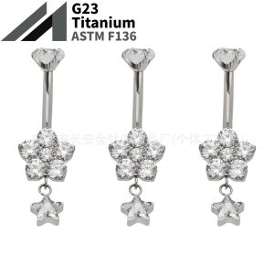 F136 Titanium Internal Thread Flower Five-Pointed Star Pendant Zircon Navel Ring