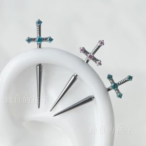 F136 Titanium Alloy Holy Sword Ear Studs with Diamond-Encrusted Devil Motif, Internally Threaded Cartilage Studs, Sweet and Cool Style