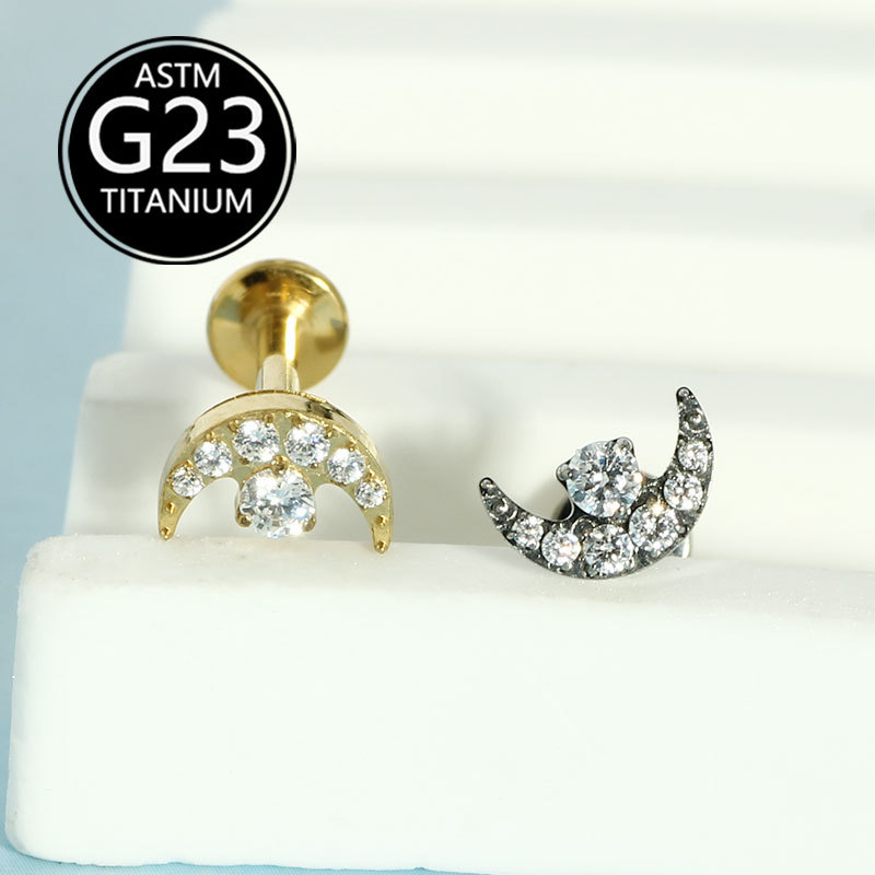 G23 Titanium Internally Threaded Flat Lip Stud Moon Zircon Piercing Jewelry - Image 5