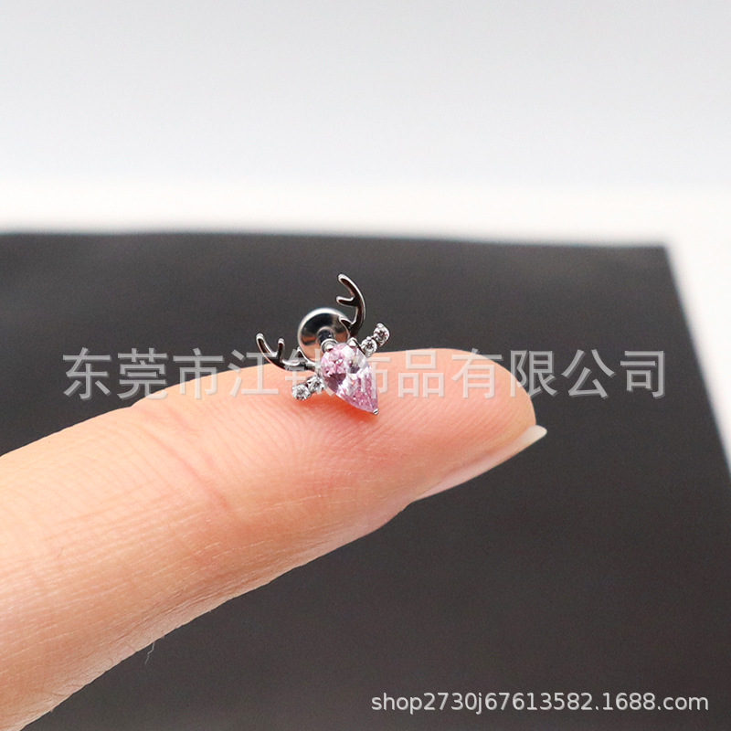 G23 Titanium Christmas Antler Stud Earrings Inlaid 5A Zircon Lip Nail Body Piercing Jewelry - Image 3