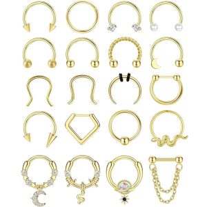 20PCS Stainless Steel Nose Ring Ball Horseshoe Piercing Jewelry Set - Mixed Styles Gold Tone