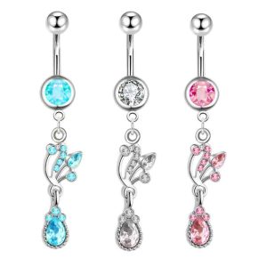 New Exquisite Heart Shape Stainless Steel Dangle Belly Ring Lanyard Navel Piercing Jewelry Blue