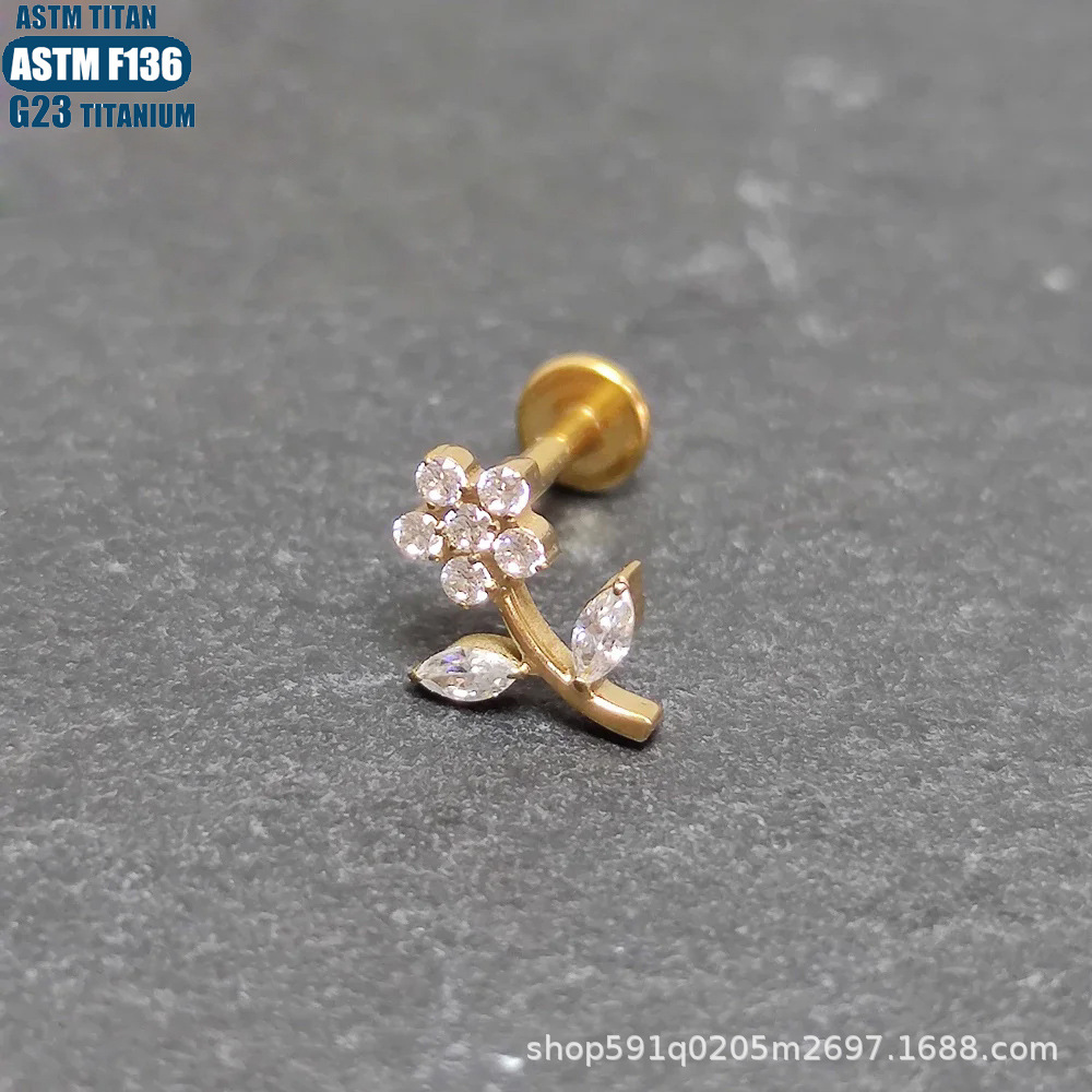 F136 Titanium Alloy Flower Lip Ring Spiral Diamond Small Ear Nail Internally Threaded Lip Piercing Jewelry Gold - Image 2