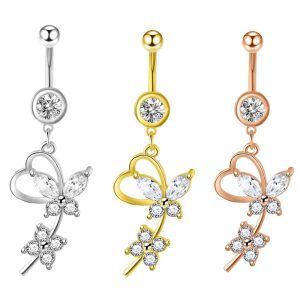 Rose Gold Butterfly Belly Button Ring Stainless Steel Dangle Navel Jewelry for Women Body Piercing