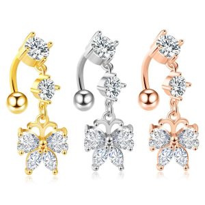 Butterfly Flower Zircon Navel Ring Stainless Steel Body Piercing Jewelry Rose Gold