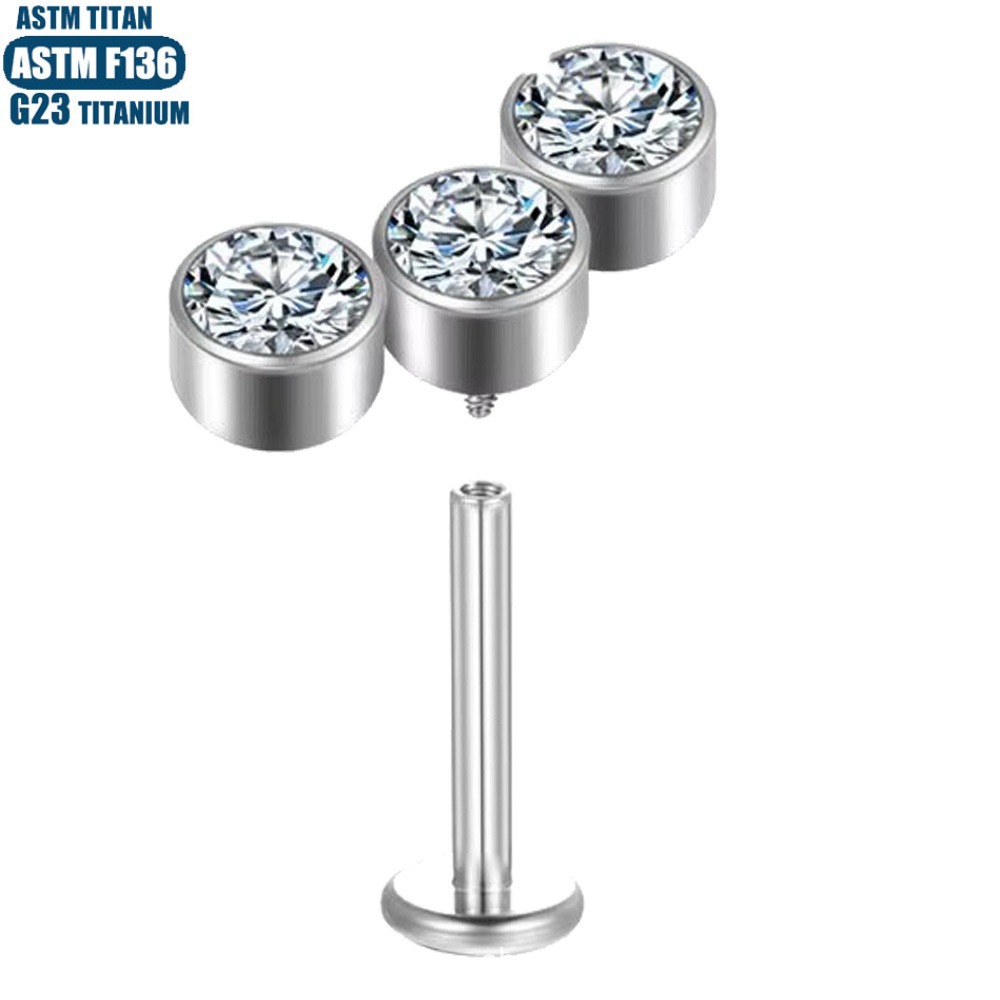 F136 Titanium Alloy Lip Ring 3 Zircon Inner Tooth Thread Body Piercing Jewelry Women's Small Ear Stud Lip Stud Pierced Earrings - Image 3