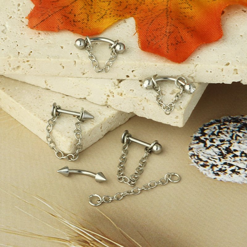 Stainless Steel Lip Stud with Chain Round Ball Pointed Cone Lip Ring Curved Bar Chain Eyebrow Nose Ear Bone Piercing Jewelry - Image 2