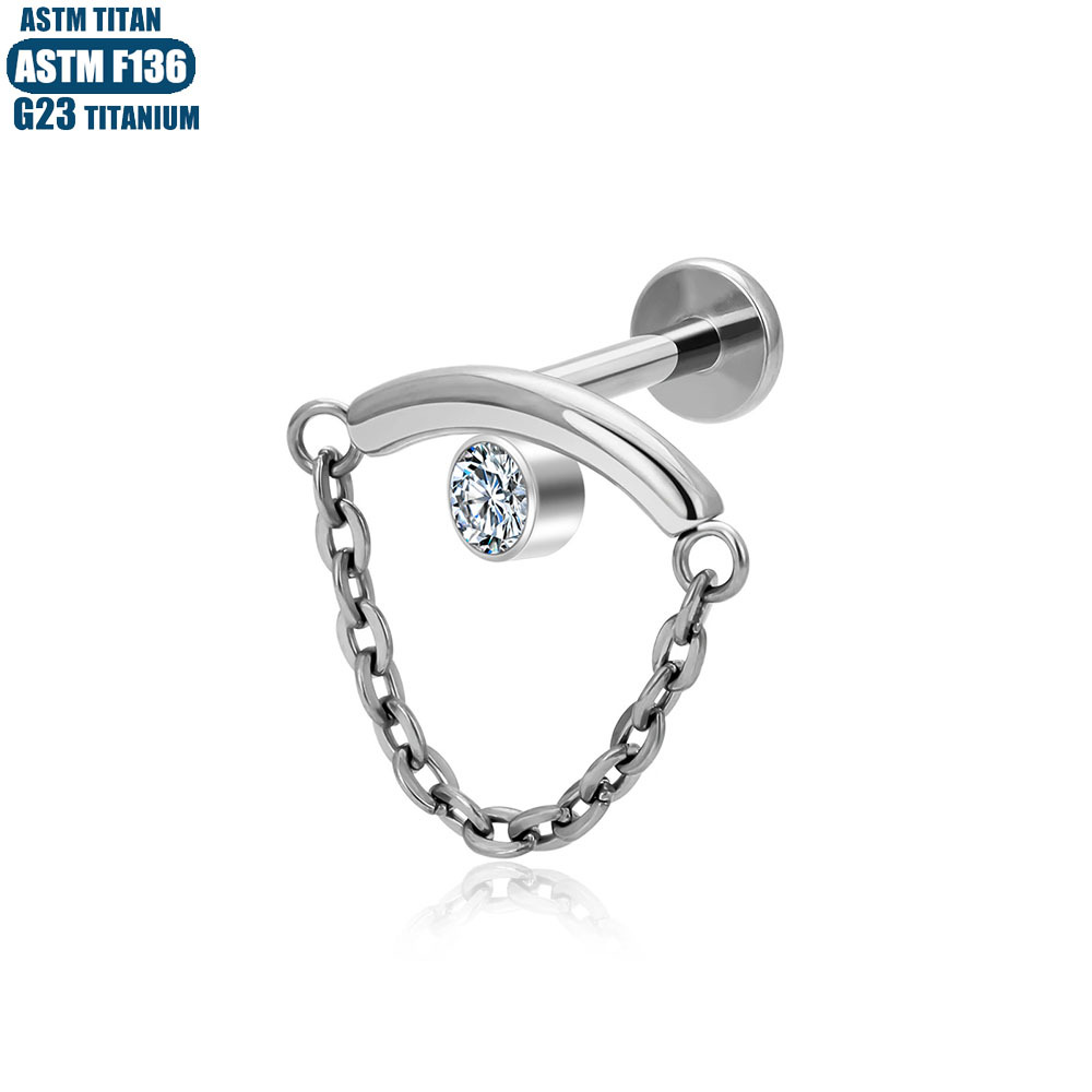 F136 Titanium Alloy Chain Pendant Earrings Inner Spiral Zircon Lip Stud Body Piercing Jewelry Diaphragm Pierced Earrings - Image 2