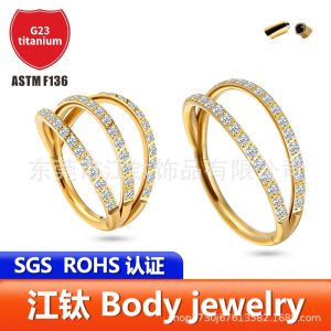 G23 Titanium Nose Ring with Three Layers Double Beveled Edges Inlaid Zircon, ASTM F136 Nose Stud Gold