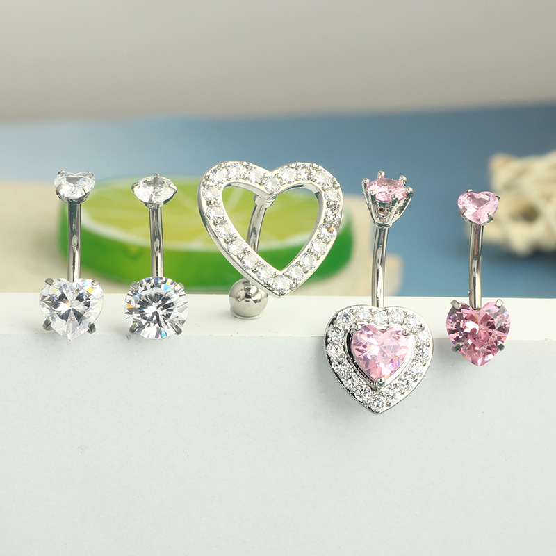 New Heart-Shaped Double Zircon Stainless Steel Navel Ring with Full Diamond Heart Navel Buckle Piercing Accessory - Image 4