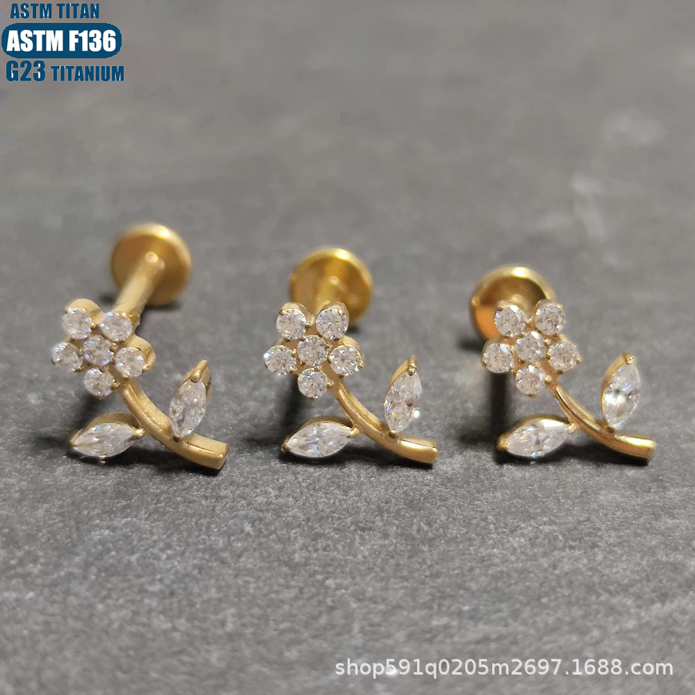 F136 Titanium Alloy Flower Lip Ring Spiral Diamond Small Ear Nail Internally Threaded Lip Piercing Jewelry Gold - Image 4