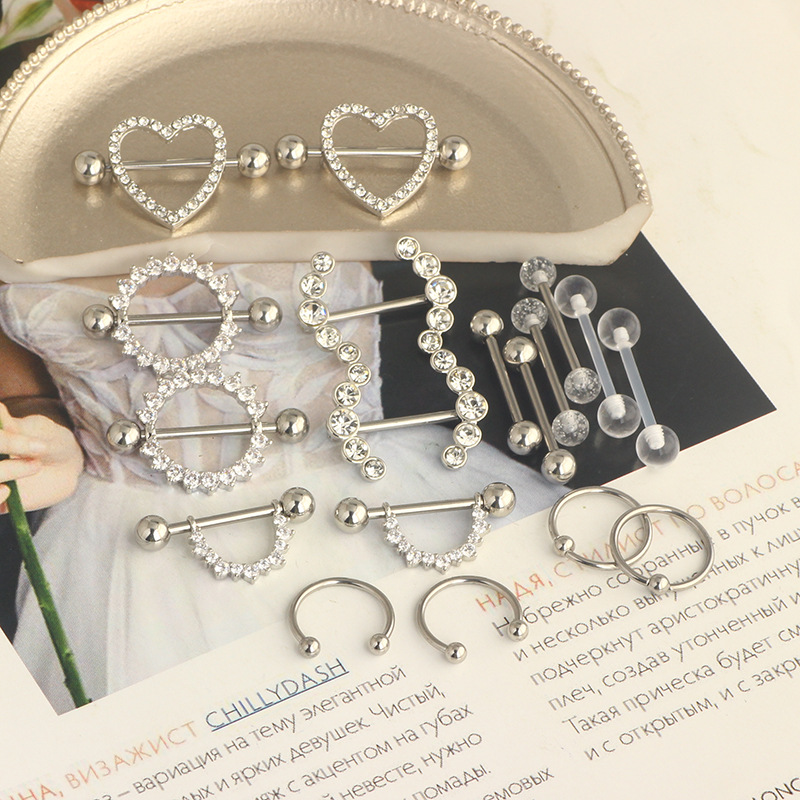 Stainless Steel Zircon Ring 9 Pair Set Heart Shape Nail Tongue Piercing Jewelry - Image 3
