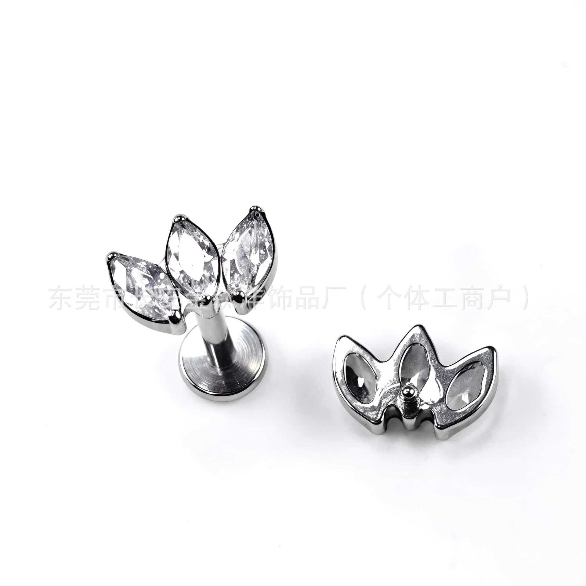 F136 Titanium Internal Thread Three-Leaf Marquise Zircon Lip Stud Earring G23 Titanium Alloy Piercing Jewelry Ear Bone Stud - Image 3