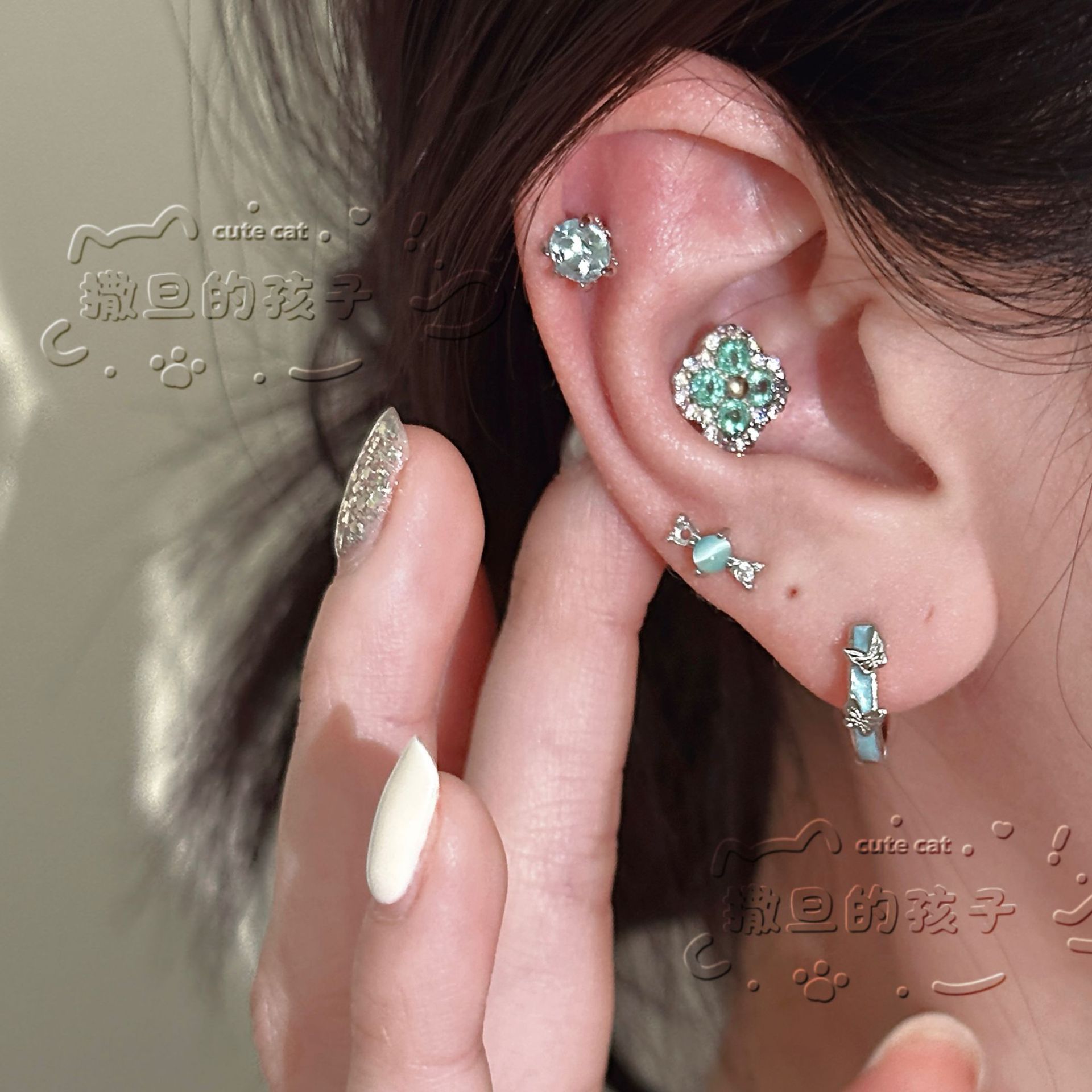 Satan's Child Mint Wave Stud Earrings - Blue Butterfly Flat Back Ear Bone Studs for Cartilage Helix Tragus Cochlear Piercing 316L Surgical Steel 2025 Spring Fashion - Image 5
