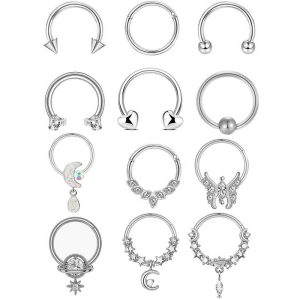 12-Piece Black Stainless Steel Nose Ring Set - Cross-Border Open Ring Nose Stud Ear Bone Piercing Jewelry