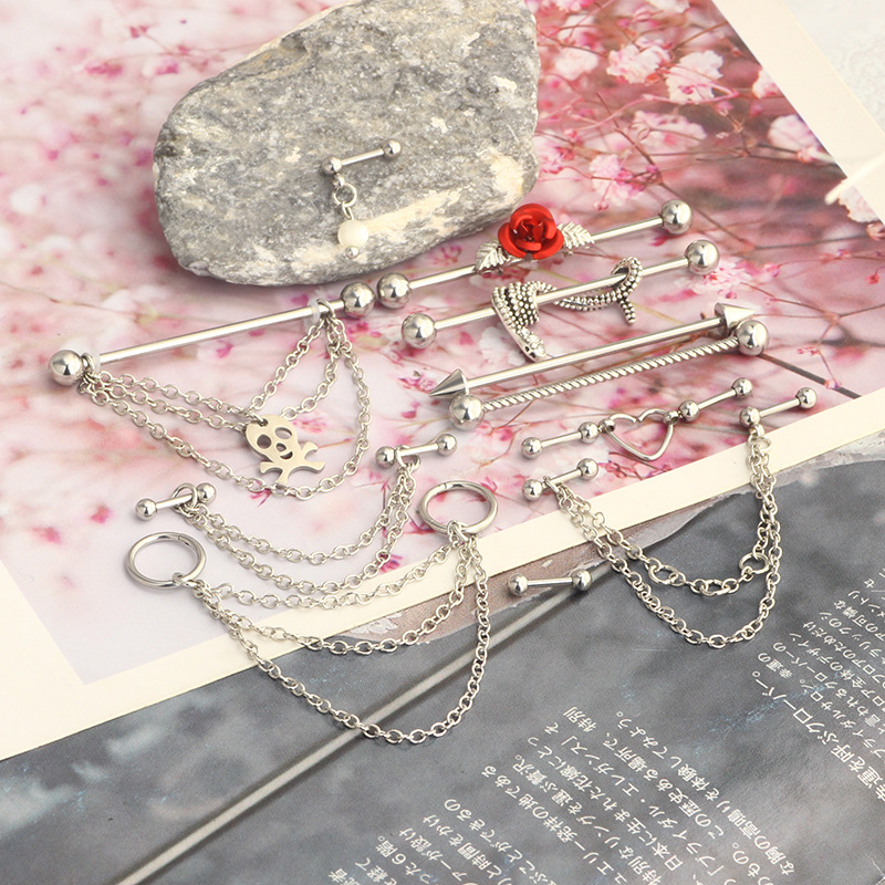 Industrial Ear Bone Nail Set Nine Treasure Flowers Snake Chain Earrings - Rose Gold Stainless Steel Piercing Earrings - Image 5