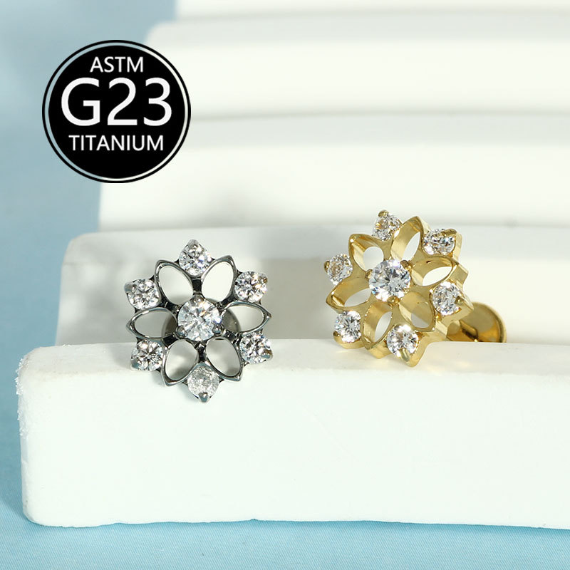 G23 Titanium Earrings Cut Out Flower Inlaid Zircon Ear Bone Nails Body Piercing Jewelry - Image 5