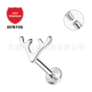 F136 Titanium Stud Earrings Christmas Antler Thread Ear Bone Stud G23 Titanium Alloy Body Piercing Jewelry