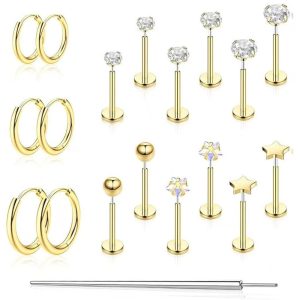 High-Quality Stainless Steel Stud Earrings with Zircon Inlays, Geometric Star Design, Silver Set - Various Sizes Available