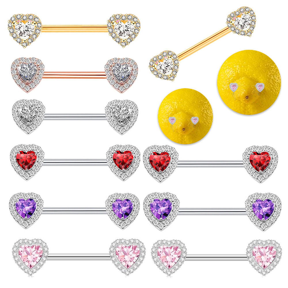 Cross-shaped Zircon Heart Breast Ring - 316L Surgical Steel Body Jewelry for Nipple, Ear, Tongue Piercing - Silver Red Gem Pair - Image 5