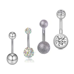 AliExpress 4 Piece Stainless Steel Navel Ring Set with Zircon Diamond Embossed Belly Button Jewelry In Stock Silver