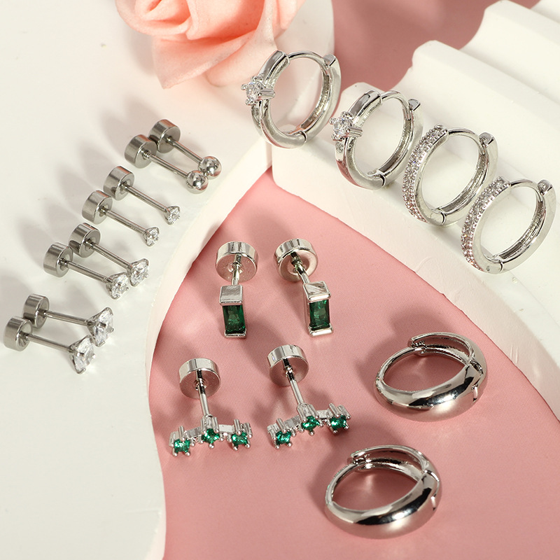 18-Piece Stainless Steel Ear Bone Stud Earrings Set with Zircon CZ, Asymmetric Geometric Design for Women - Image 2