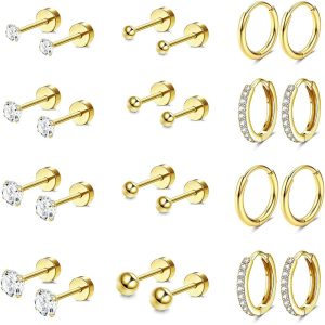 2-5mm Star Stud Earrings Set Stainless Steel Piercing Jewelry Gold Tone Cartilage Hoop for Women