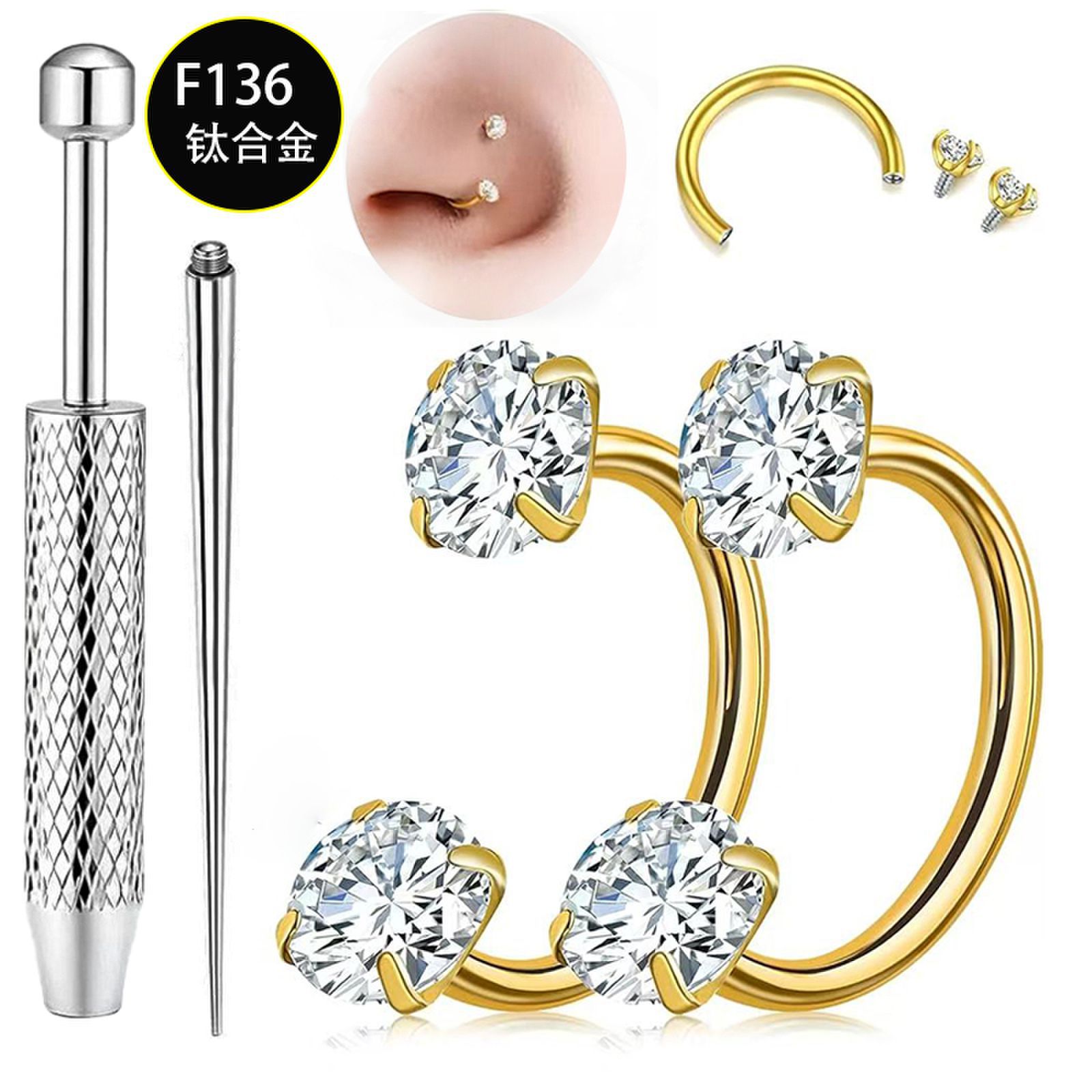 4-Piece G23 Titanium Internally Threaded Double-Ended Zircon Nose Rings, Earrings, Lip Rings - Best-Selling Piercing Jewelry Wholesale - Image 4
