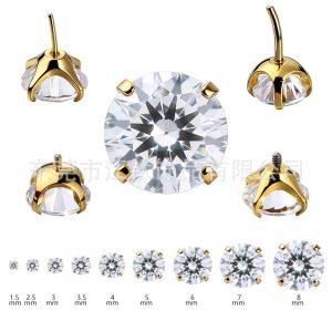 F136 Titanium Ear Stud with 18K Gold Claw Setting and Round Zircon - G23 Alloy Body Piercing Cartilage Stud